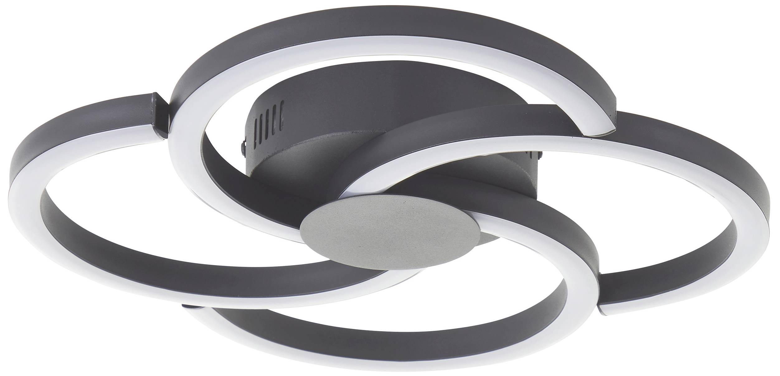 Moderne zwarte plafondlamp met drie in elkaar grijpende LED-ringen, zorgt voor gelijkmatige verlichting.