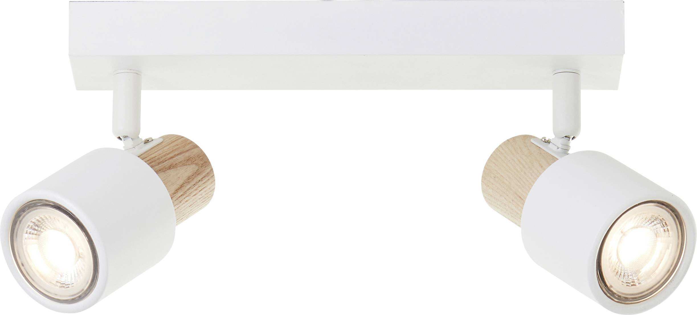 Twee witte plafondspots met houten details, gericht naar beneden. Ideaal voor het verlichten van een ruimte.