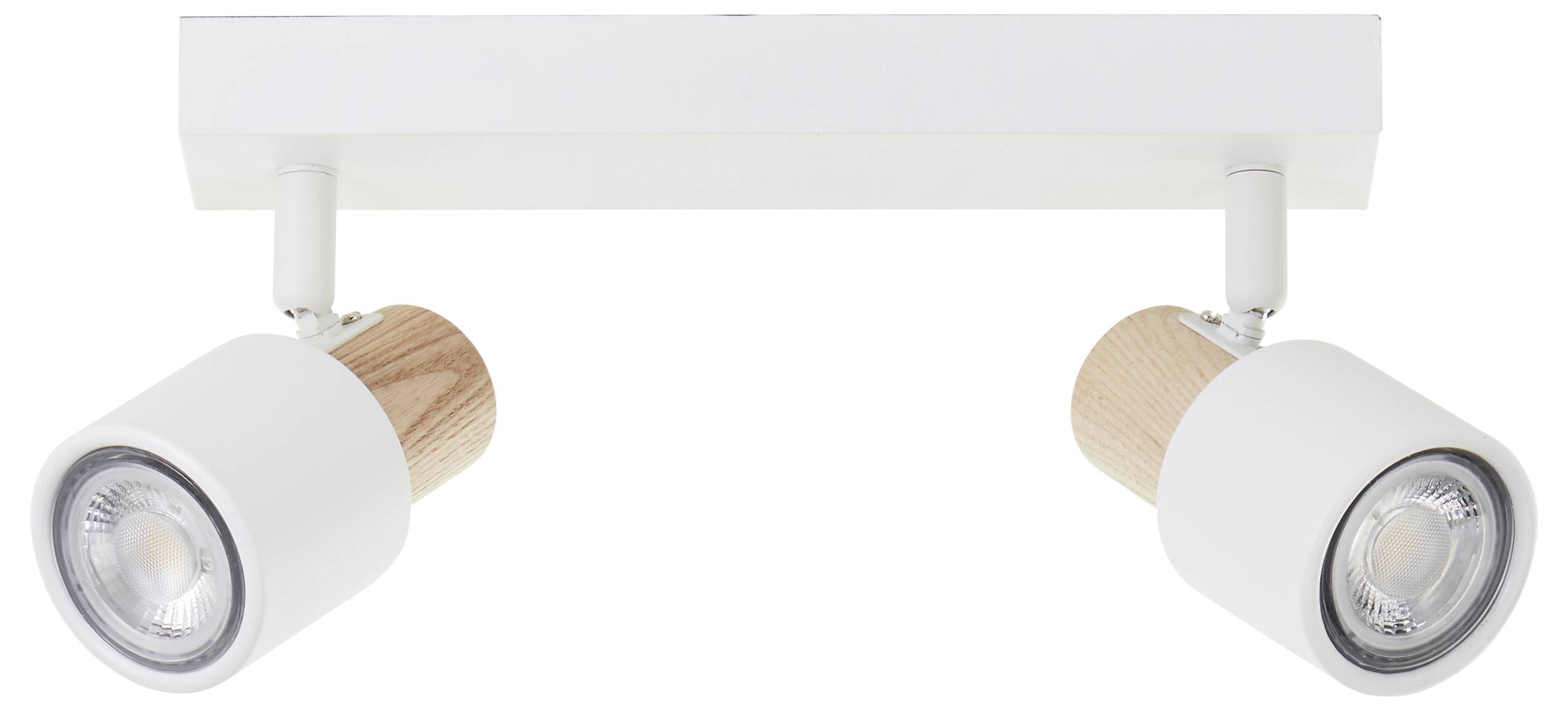 Twee witte plafondspots met houten elementen, naast elkaar geplaatst. Moderne verlichting voor binnenruimtes.