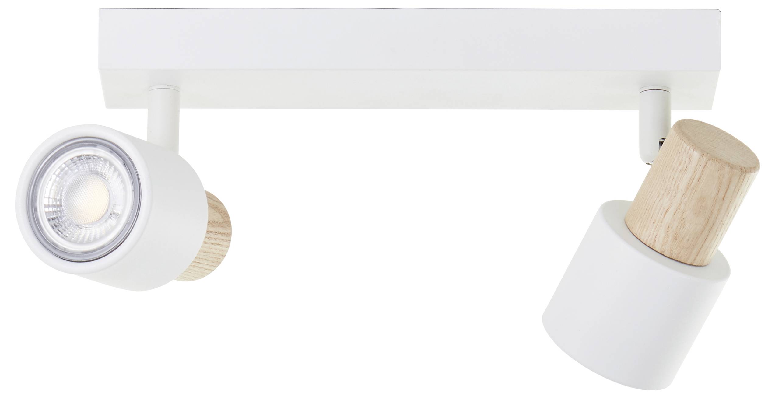 Twee witte plafondspots met houten details op een rechthoekige steun, waarvan er één naar beneden schijnt en de andere licht naar links is gekanteld.