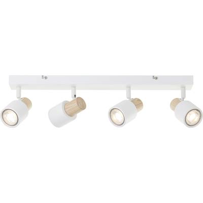 Witte plafondlamp met vier verstelbare spots, elk in cilindrische vorm, met houten detail aan de aansluitingen.