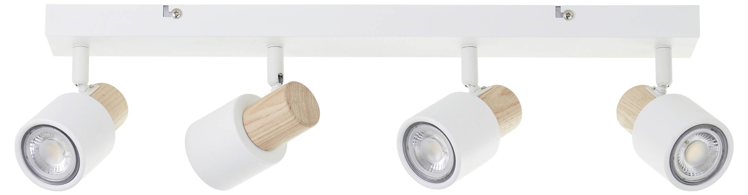 Een witte plafondlamp met vier verstelbare spots, elk met houten details. De lamp biedt flexibele verlichtingsmogelijkheden.