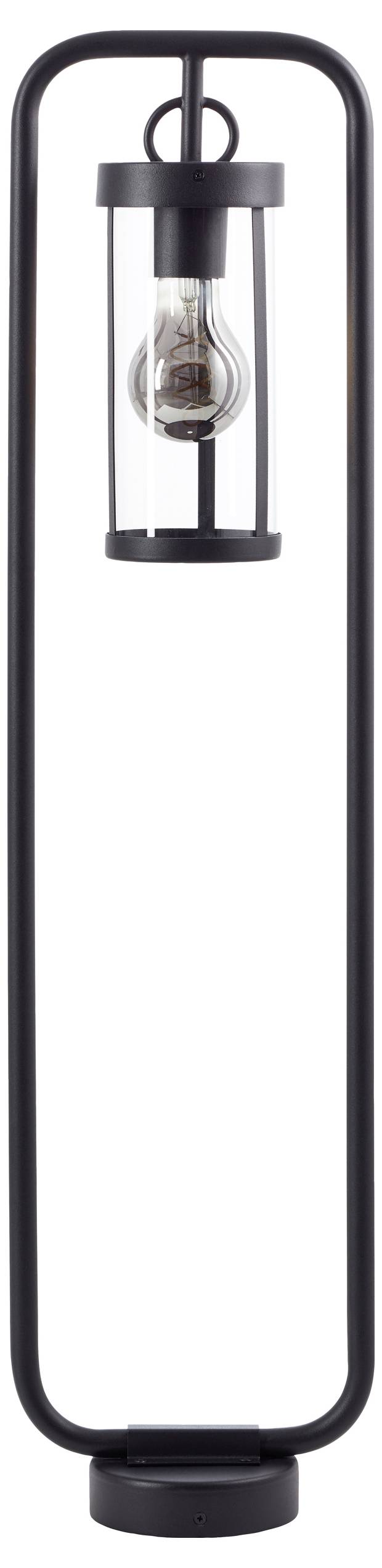 Zwarte, moderne vloerlamp met open metalen frame en zichtbare glazen cilinder voor gloeilamp. Geschikt voor minimalistisch design.