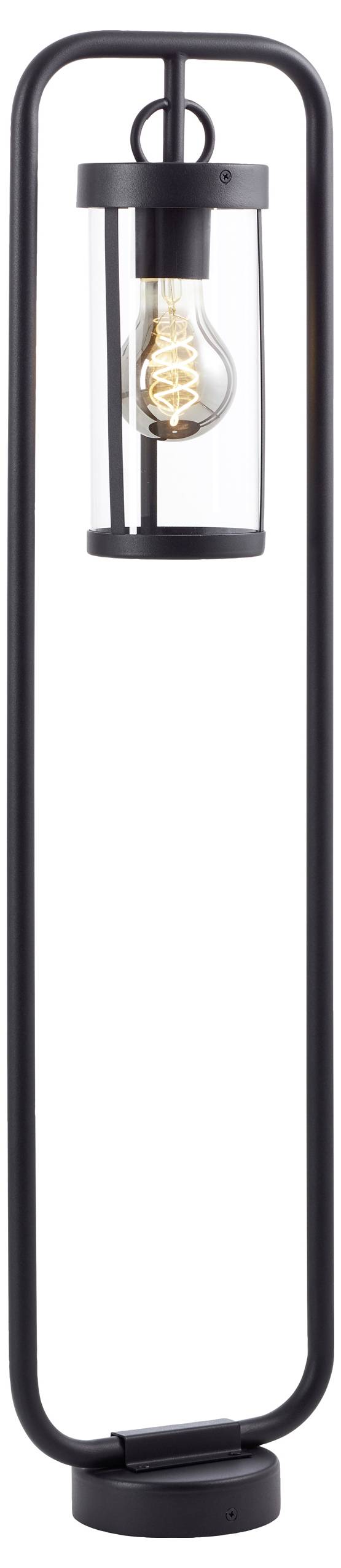 Zwarte staande lamp met smal frame en zichtbare gloeilamp in een transparente behuizing. Modern design voor leefruimtes.