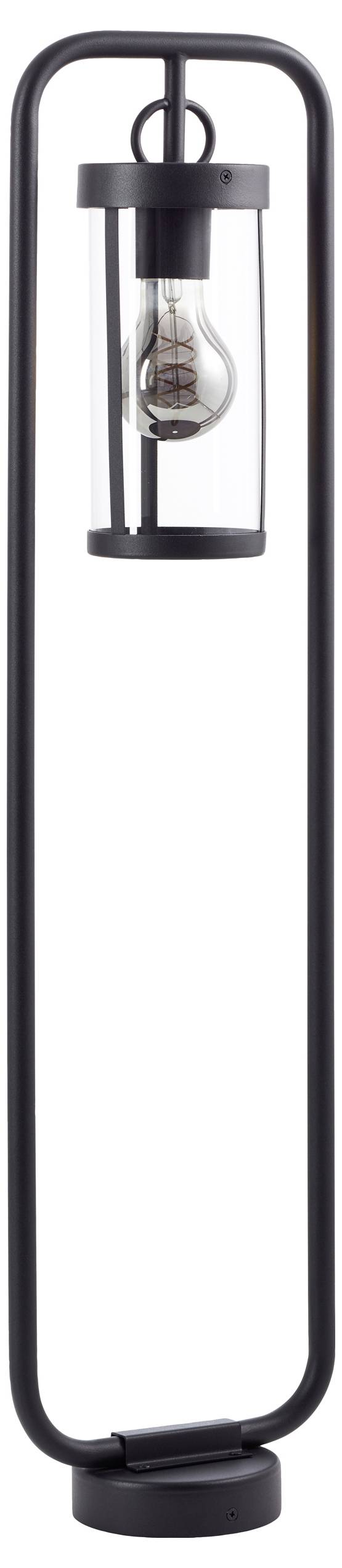 Zwarte staande lamp met een strak, modern design. Opengewerkte gloeilamp in een cilindrische glazen kooi binnen een rechthoekig frame.