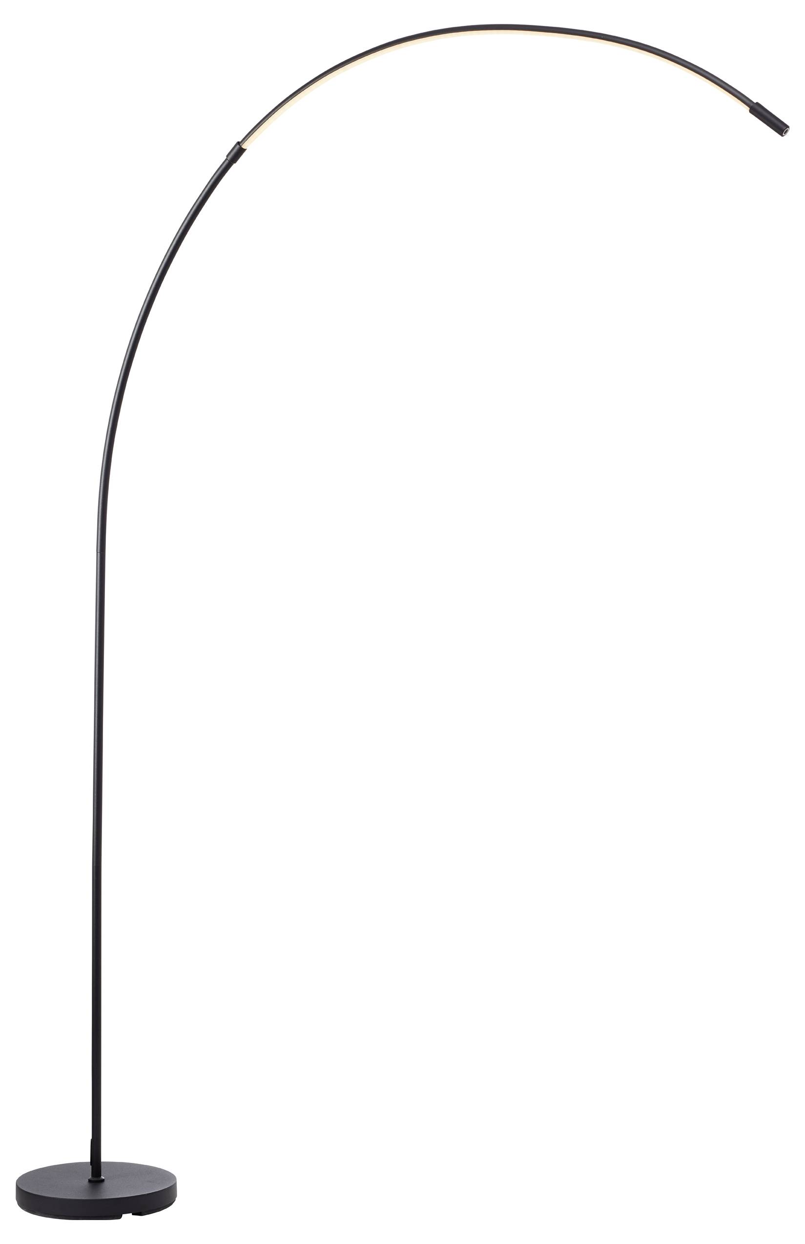 Een elegante, hoge vloerlamp met een gebogen boog en een ronde voet, in een modern, minimalistisch design.