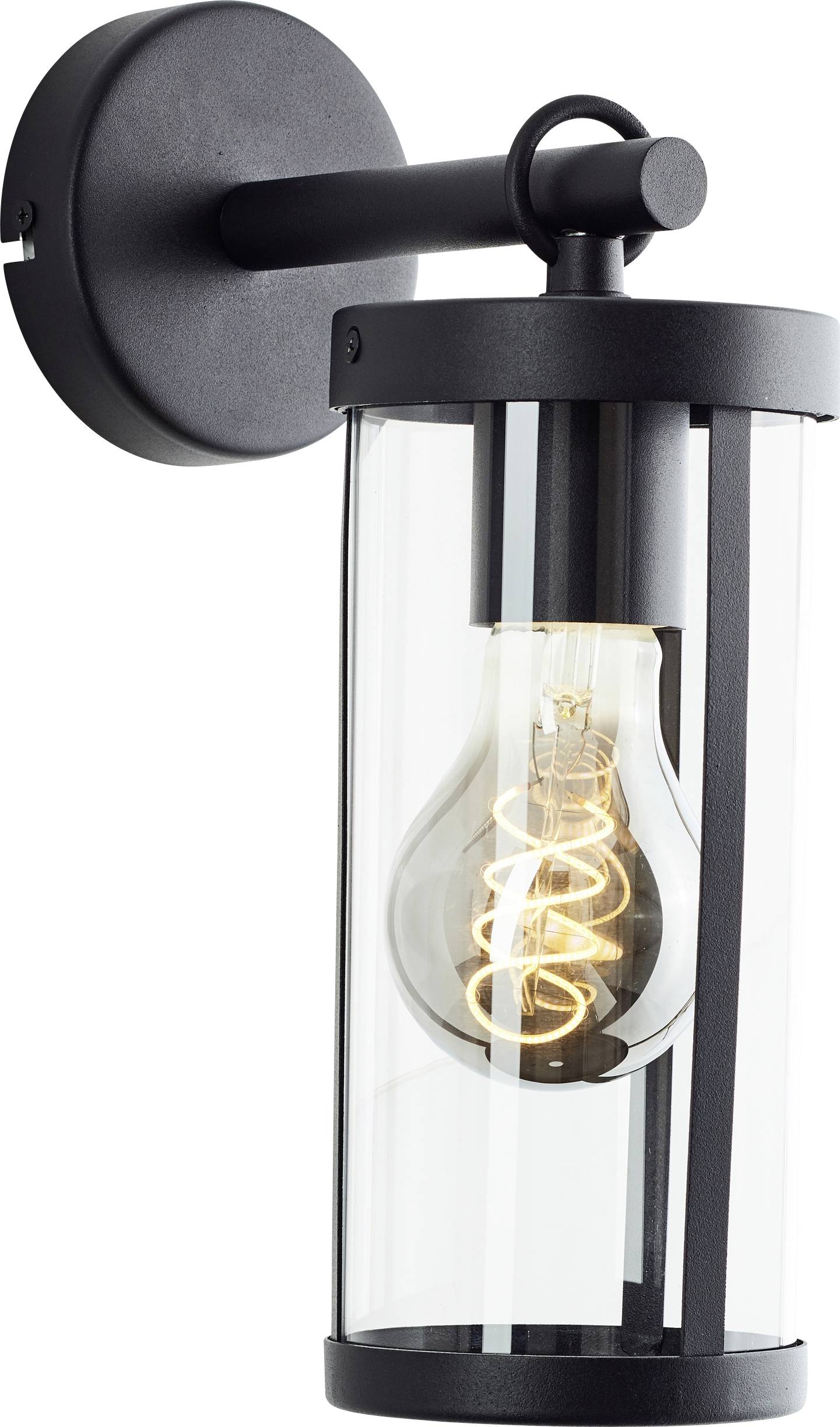 Zwarte wandlamp met glazen cilinder toont een zichtbare gloeilamp met een oplichtende, spiraalvormige gloeidraad.