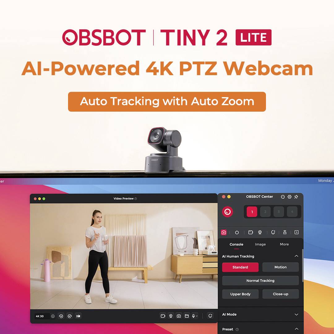De afbeelding toont een reclame voor de 'OBSBOT Tiny 2 Lite' 4K PTZ-webcam met automatische tracking en zoom. Op de voorgrond is een vrouw aan het sporten.