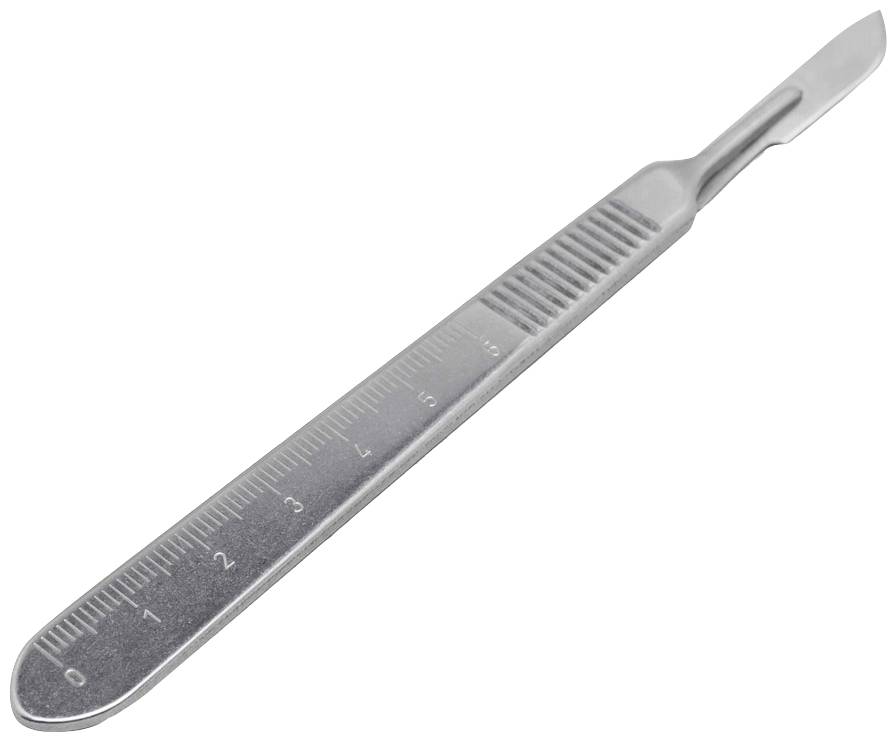 Een chirurgisch scalpel van metaal met een schaalverdeling op de handgreep, gebruikt voor precisieSneden bij medische ingrepen.