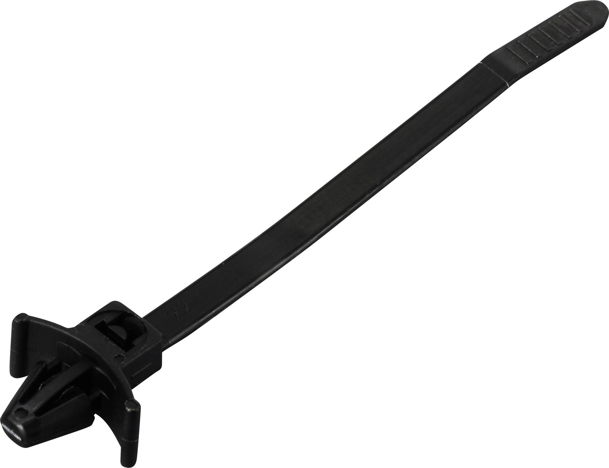 Een zwarte kabelband met een afgeronde sluitingsmechanisme en een geribbeld oppervlak voor een vaste grip.