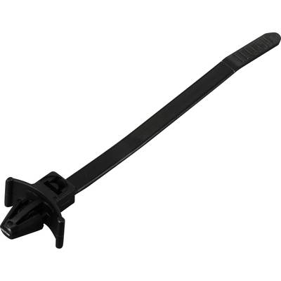 Een zwarte kabelband met een afgeronde sluitingsmechanisme en een geribbeld oppervlak voor een vaste grip.