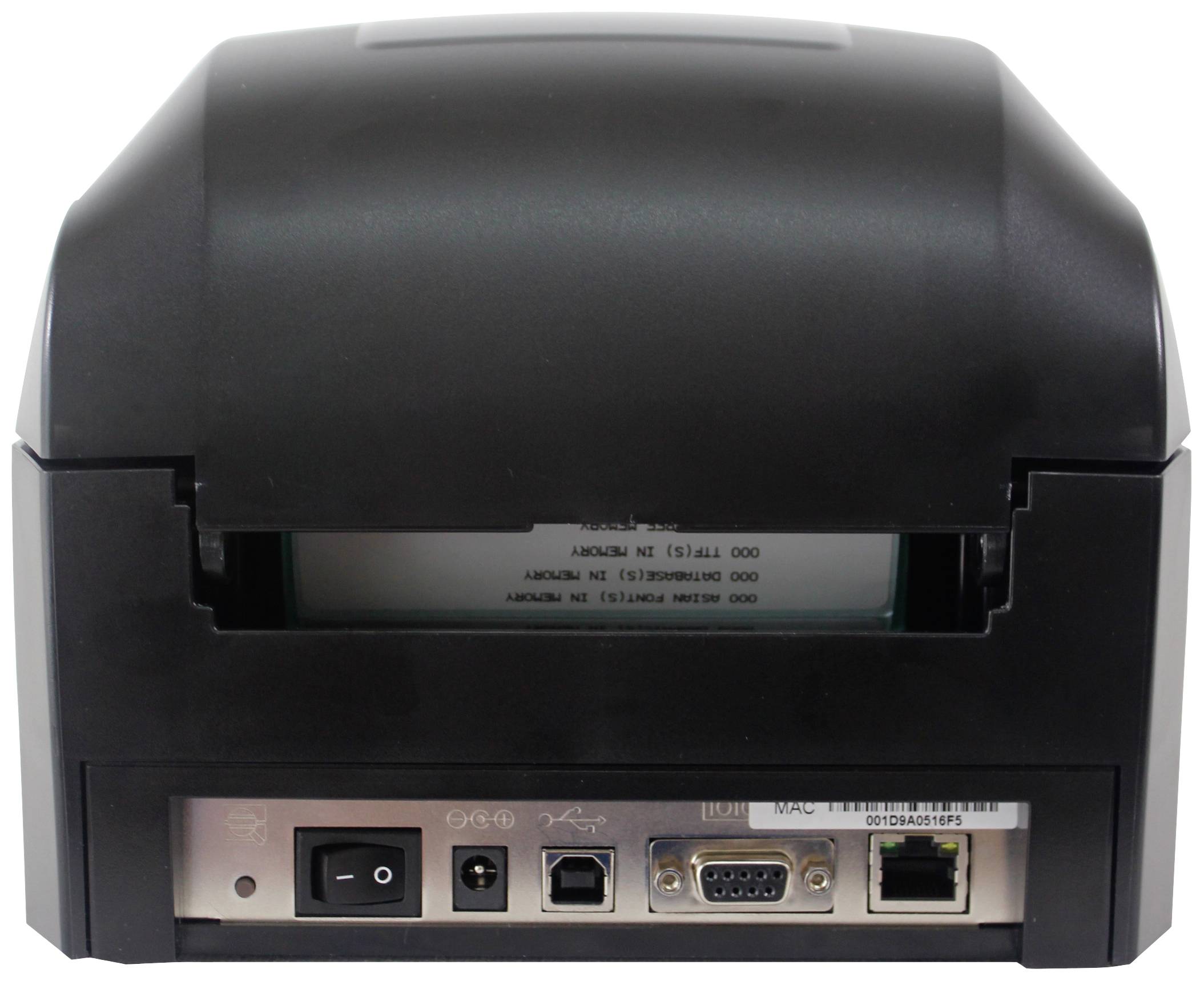 Een zwarte etikettenprinter van achteren, met aansluitingen zoals stroom, USB, serieel en LAN.