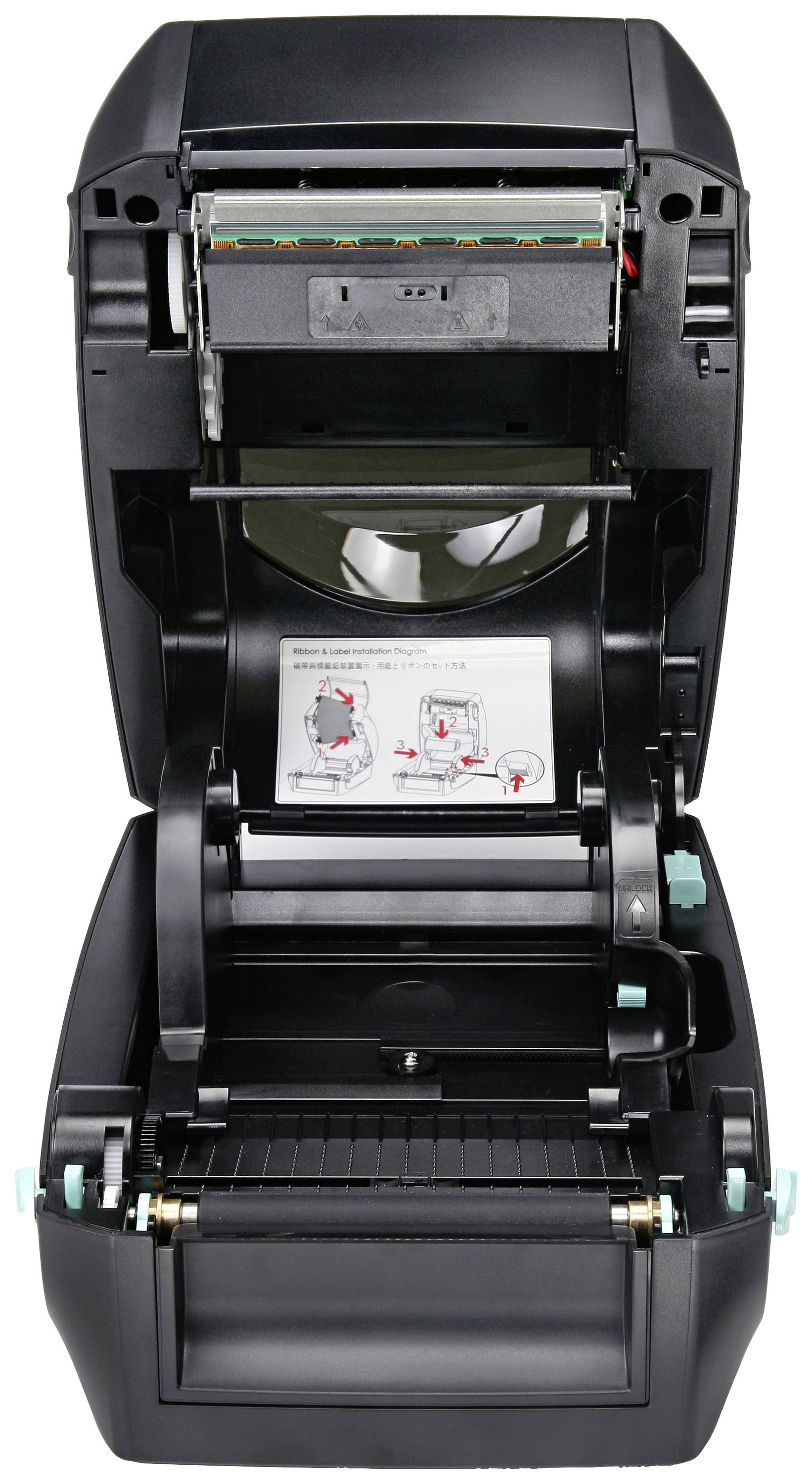 Een geopende etikettenprinter met zichtbare interne componenten, toont de papiergeleiding en gebruiksaanwijzing aan de binnenkant.