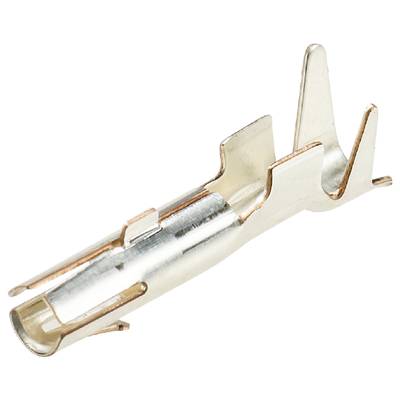 Een zilverkleurige, metalen stekker, waarschijnlijk voor elektrische toepassingen, ligt op een witte ondergrond.