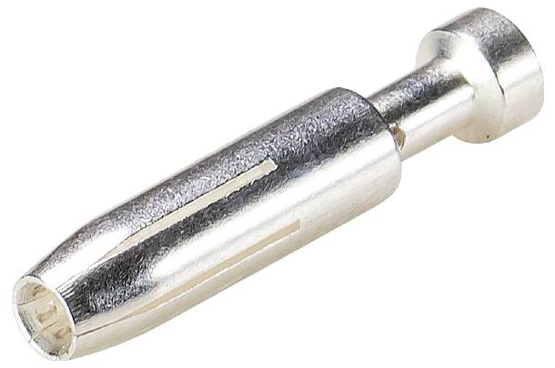 Een zilverkleurige bananenstekker, cilindrisch van vorm met sleufvormige uitsparing en afgeronde uiteinde, voor elektrische verbinding.
