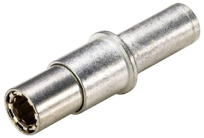 Zilveren metalen stekker met een ronde vorm en meerdere contactpunten, vaak gebruikt voor elektrische verbindingen in de communicatietechnologie.