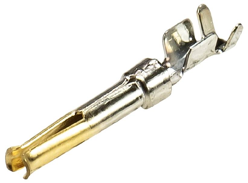 Een enkele elektrische metalen stekker met goudlaag en meerdere klemmen voor bevestiging aan een kabel.