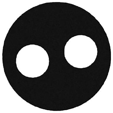 Twee verschillende grote, ronde gaten in een zwart, cirkelvormig oppervlak, vergelijkbaar met een eenvoudige gezichtsuitdrukking.