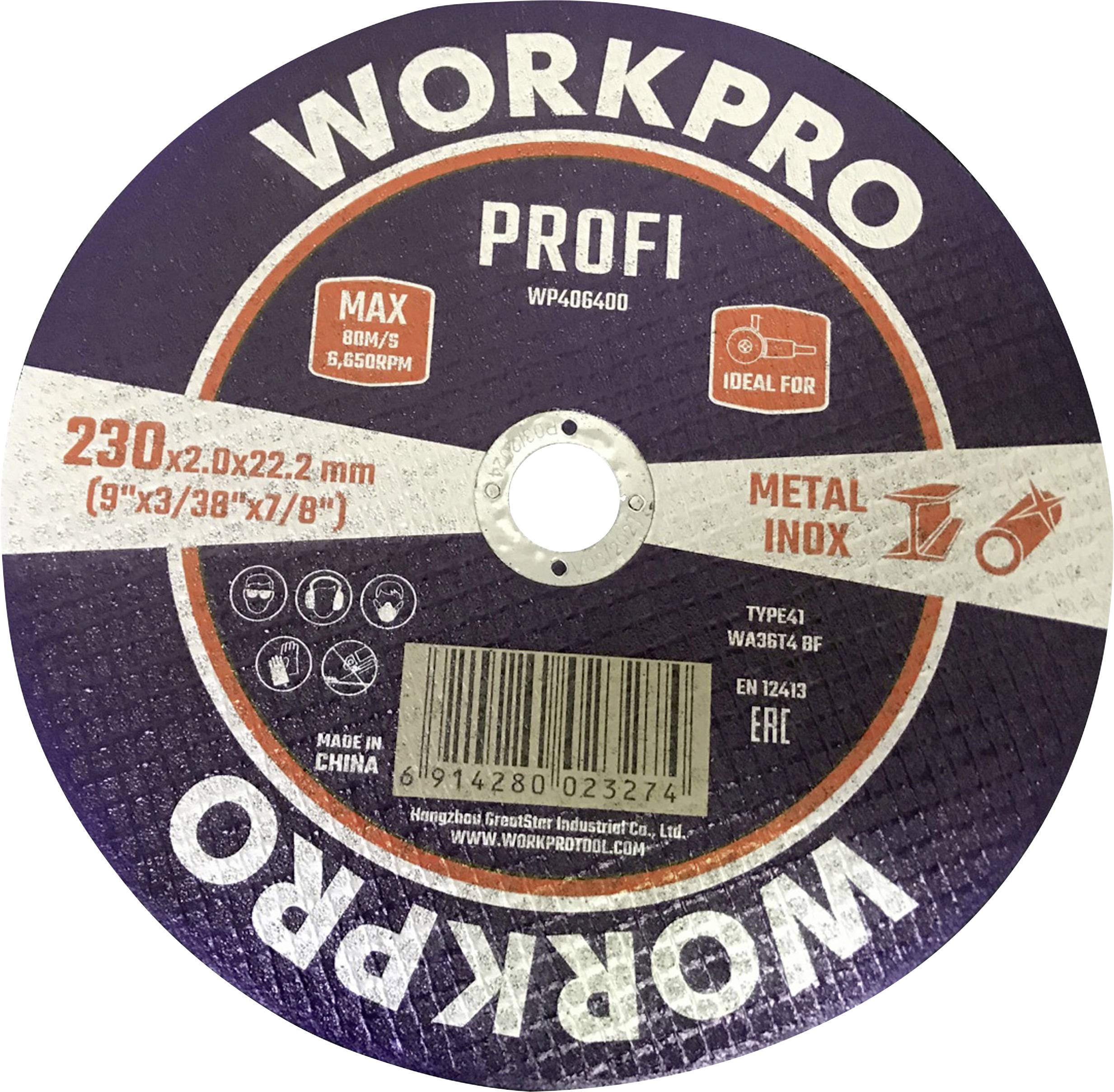 Doorslijpschijf met opschrift 'WORKPRO', diameter 230 mm, ideaal voor metaal, max. 8.500 toeren per minuut, oranje verpakkingsdetails.