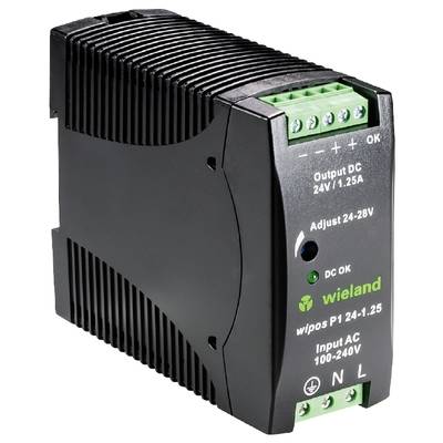 Zwart voedingsmodule van Wieland met groene aansluitingen. Gemarkeerd met 'Output DC 24V/1.25A' en 'Input AC 100-240V'.