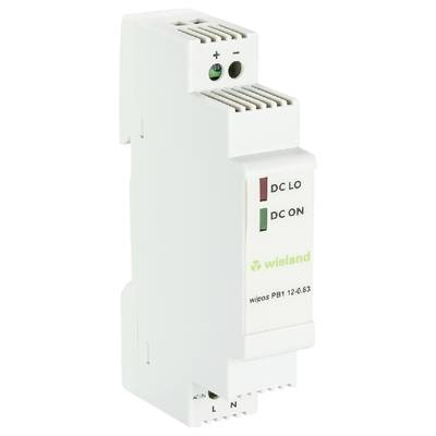 Een wit elektrisch apparaat met het opschrift 'wieland', twee LED-indicatoren met 'DC LO' en 'DC ON' markeringen.