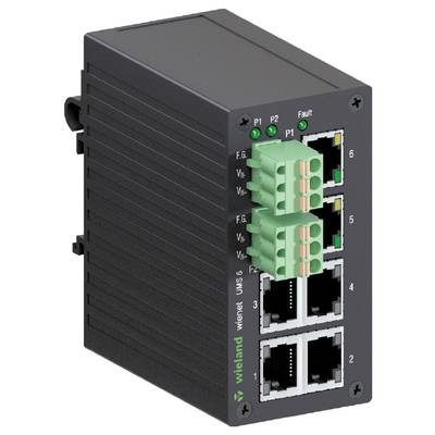 Industriële switch met zes Ethernet-poorten en twee groene stroomaansluitingen, geschikt voor netwerktoepassingen in industriële omgevingen.