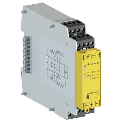 Een geel veiligheidsrelais van Wieland in een grijze behuizing, dat wordt gebruikt voor de besturing van veiligheidsfuncties in elektrische installaties.