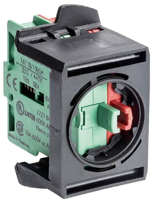 Een groene elektrische schakelmodule met zwarte behuizing, geschikt voor tot 250/440V, 10A. Vervaardigd in Duitsland.
