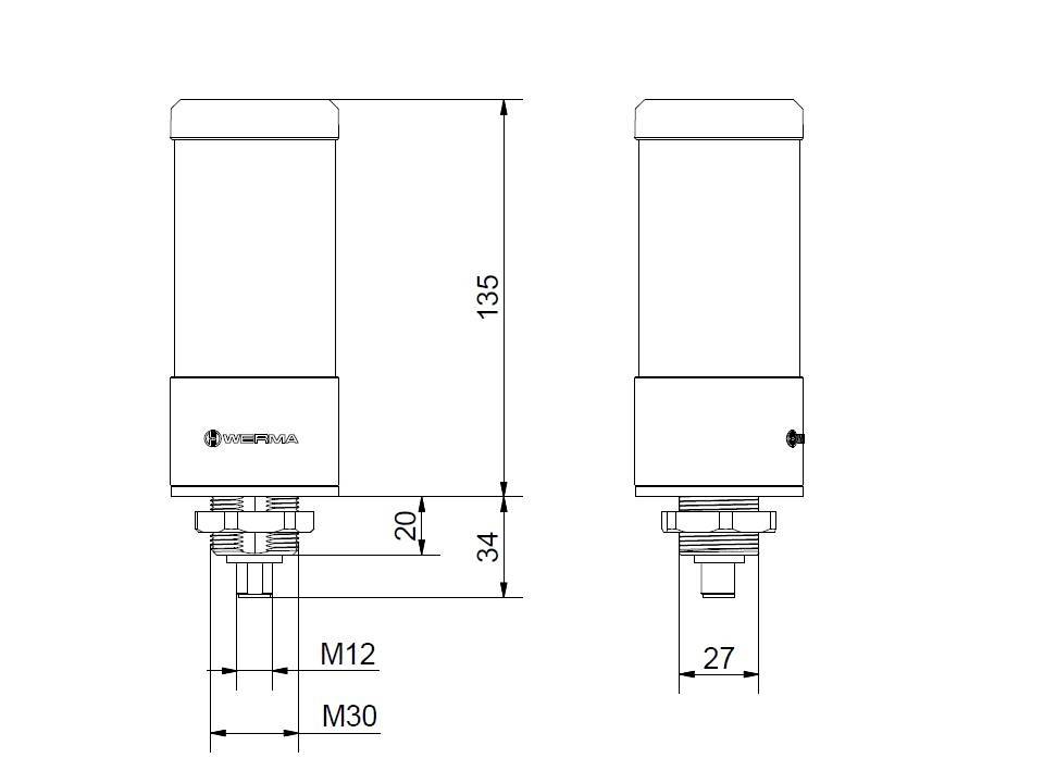 Technische tekening van een cilindrische sensor, hoogte 135 mm. Toont bevestigingsmaten, schroefdraaddiameter M12 en M30, totale hoogte, breedte 27 mm.