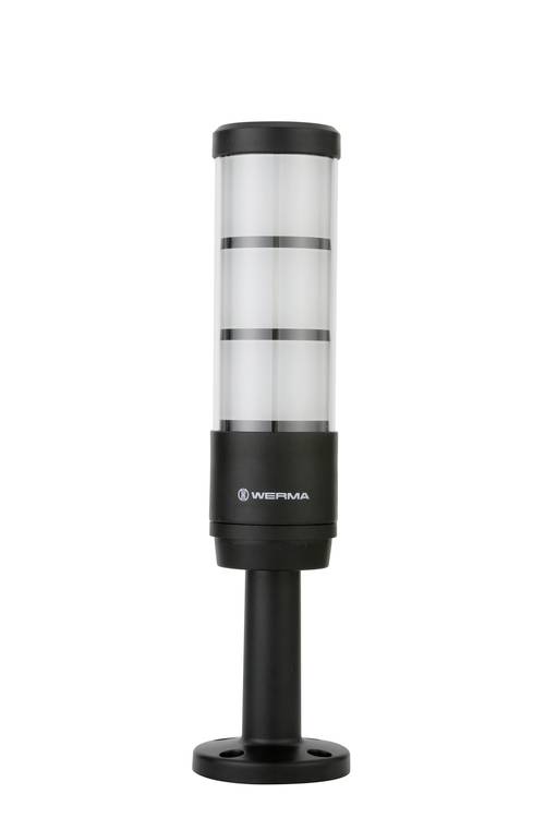 Een zwarte LED-signaalverlichting met meerdere lichtcompartimenten en een stabiele voet.