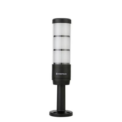 Een zwarte LED-signaalverlichting met meerdere lichtcompartimenten en een stabiele voet.