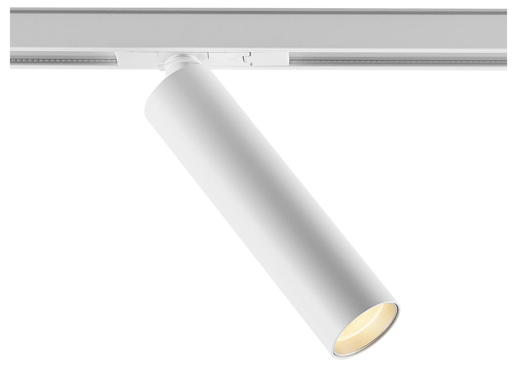 Witte plafondgemonteerde railverlichting met één verstelbare spot die naar beneden gericht is.