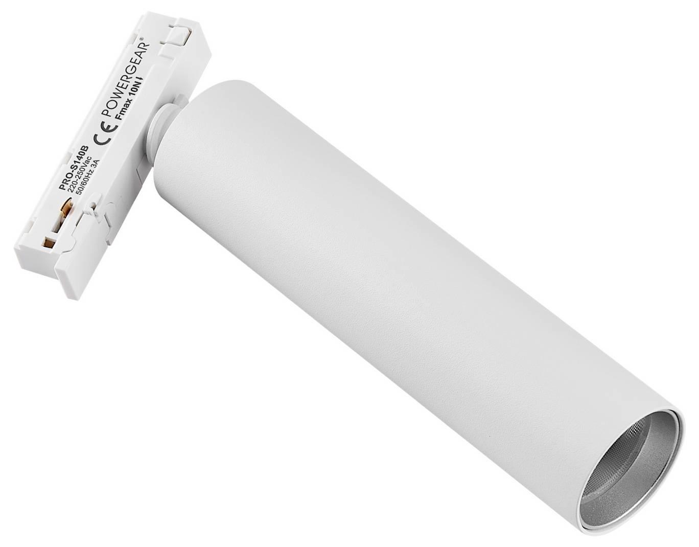 Witte cilindrische LED-buislamp met een vermogensdopadapter, getoond op een witte achtergrond.