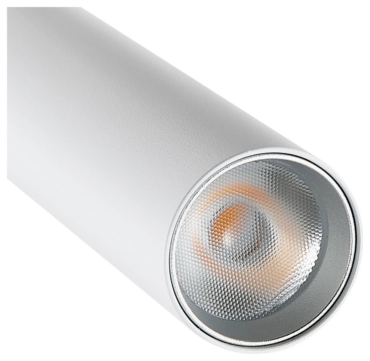 Zilverkleurige cilindrische LED-railspot met een ronde reflectorkop, getoond op een witte achtergrond.