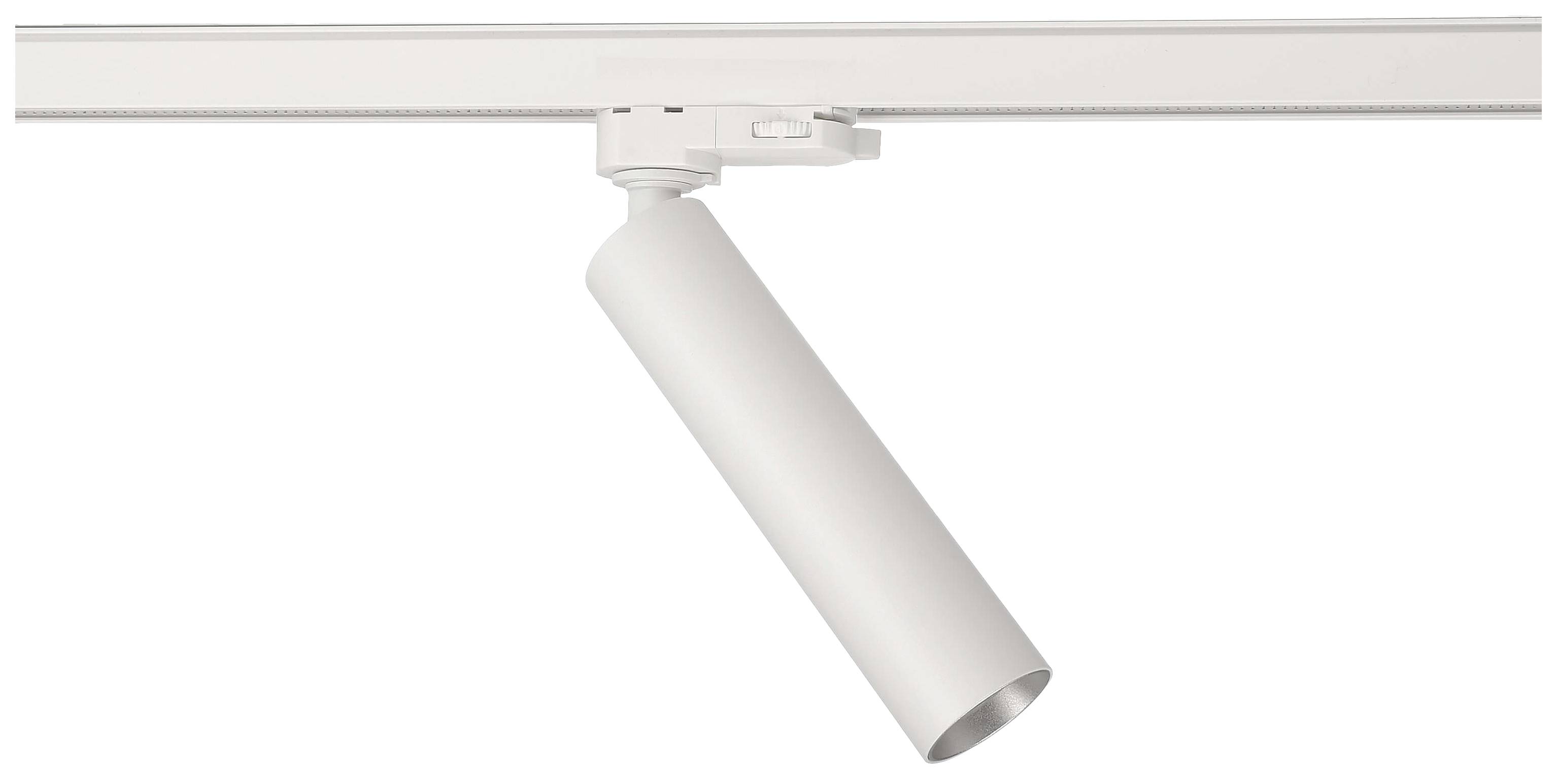 Een witte, cilindrische stralingsarmatuur aan een rail, gemonteerd aan het plafond. Geschikt voor gerichte verlichting in binnenruimtes.