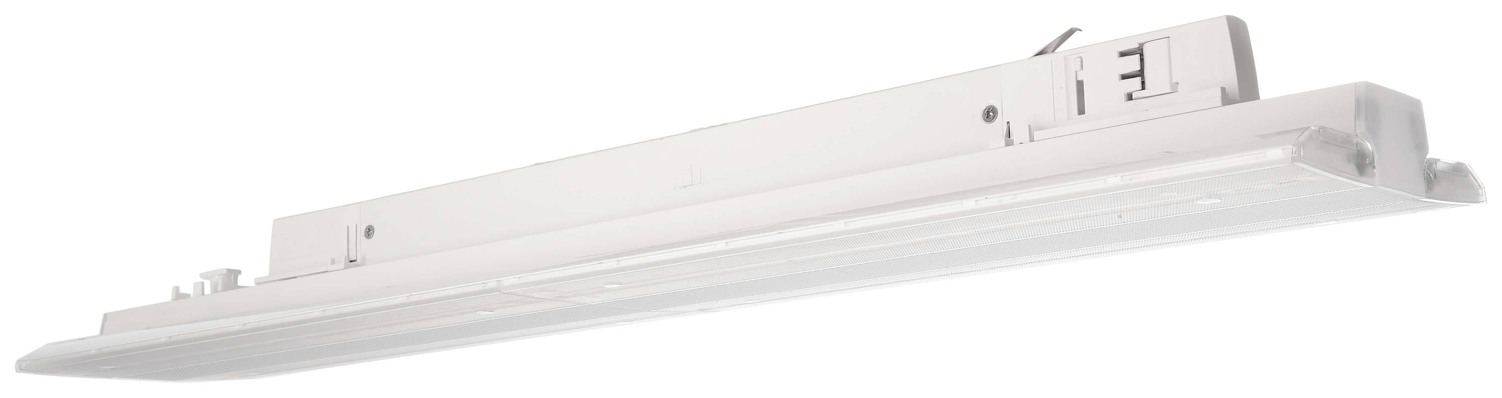 Een moderne, witte LED-plafondlamp met een langwerpige vorm en slanke ontwerp. Geschikt voor kantoren of woonomgevingen.