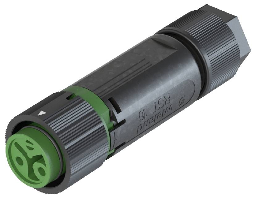 Een zwarte en groene cilindrische elektrische connector met vergrendelingsmechanisme, gebruikt voor industriële toepassingen.