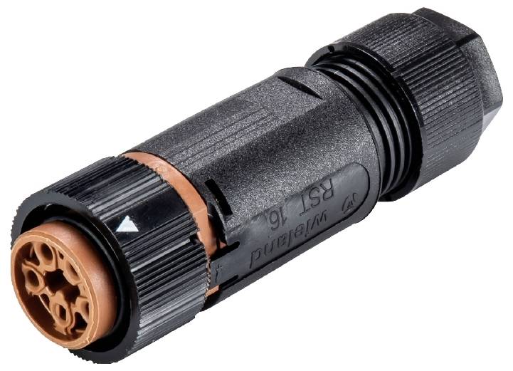 Een zwarte cilindrische connector met oranje binnenkant, aan de zijkant voorzien van de opdruk 'IP 68'. Geschikt voor waterdichte kabelverbindingen.
