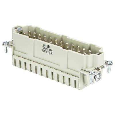 Een rechthoekige, multipolaire connector met metalen pinnen en schroefbevestigingen aan de zijkanten.