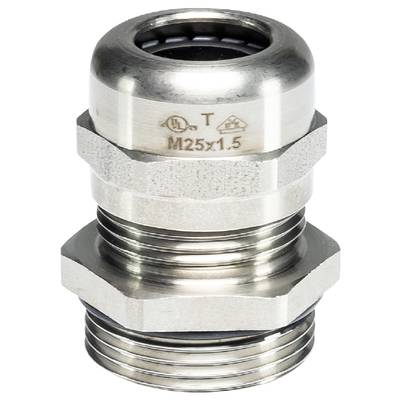 Metalen kabelwartel M25x1.5 met afdichting, gebruikt voor veilige bevestiging en afdichting van kabels in behuizingen en machines.