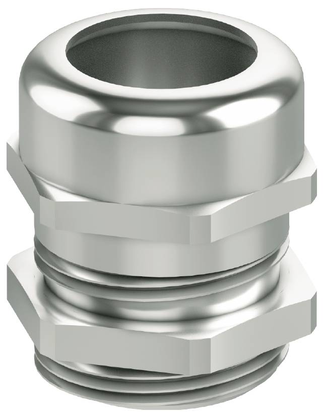 Metalen kabelwartelelement met schroefdraad en zeskantmoer, glanzend oppervlak. Geschikt voor kabelbevestiging.