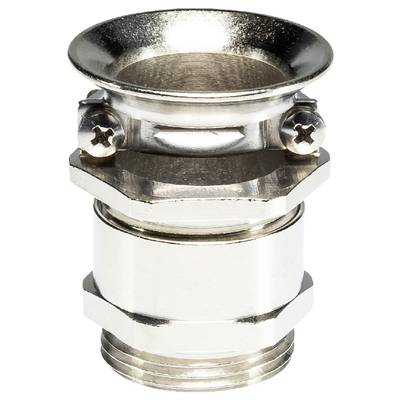 Een glanzend metalen onderdeel met zeskantmoer en twee schroeven voor bevestiging, waarschijnlijk deel van een buizensysteem.