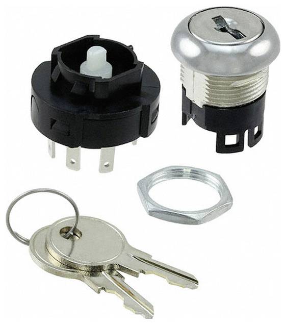 'DIP-schakelaar met drie posities gelabeld 1, 2 en 3 gemarkeerd AAN en UIT. Component voor configuratie van elektronische circuits.'