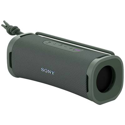 Draagbare grijze Bluetooth-speaker van Sony met roosterontwerp, lichtindicator en draaglus.