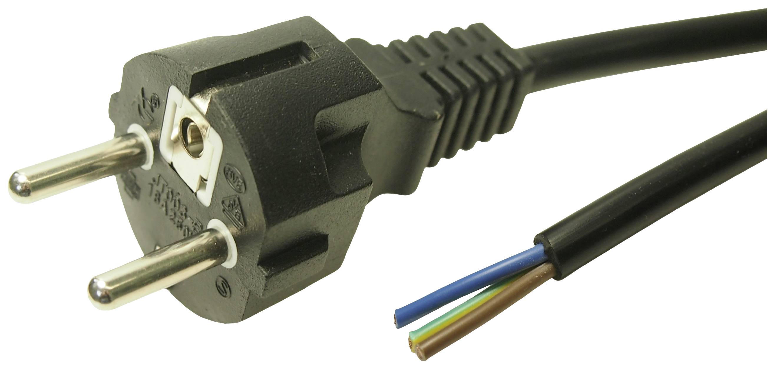 Zwarte Europlug met open kabeluiteinden: bruin, blauw, groen-geel. Hij wordt gebruikt voor het aansluiten van elektronische apparaten op elektriciteit.