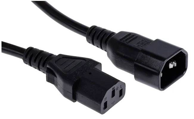 Een zwarte netvoedingskabel met een IEC-60320-C13-stekker en een C14-aansluiting. Vaak gebruikt voor computers en elektrische apparaten.