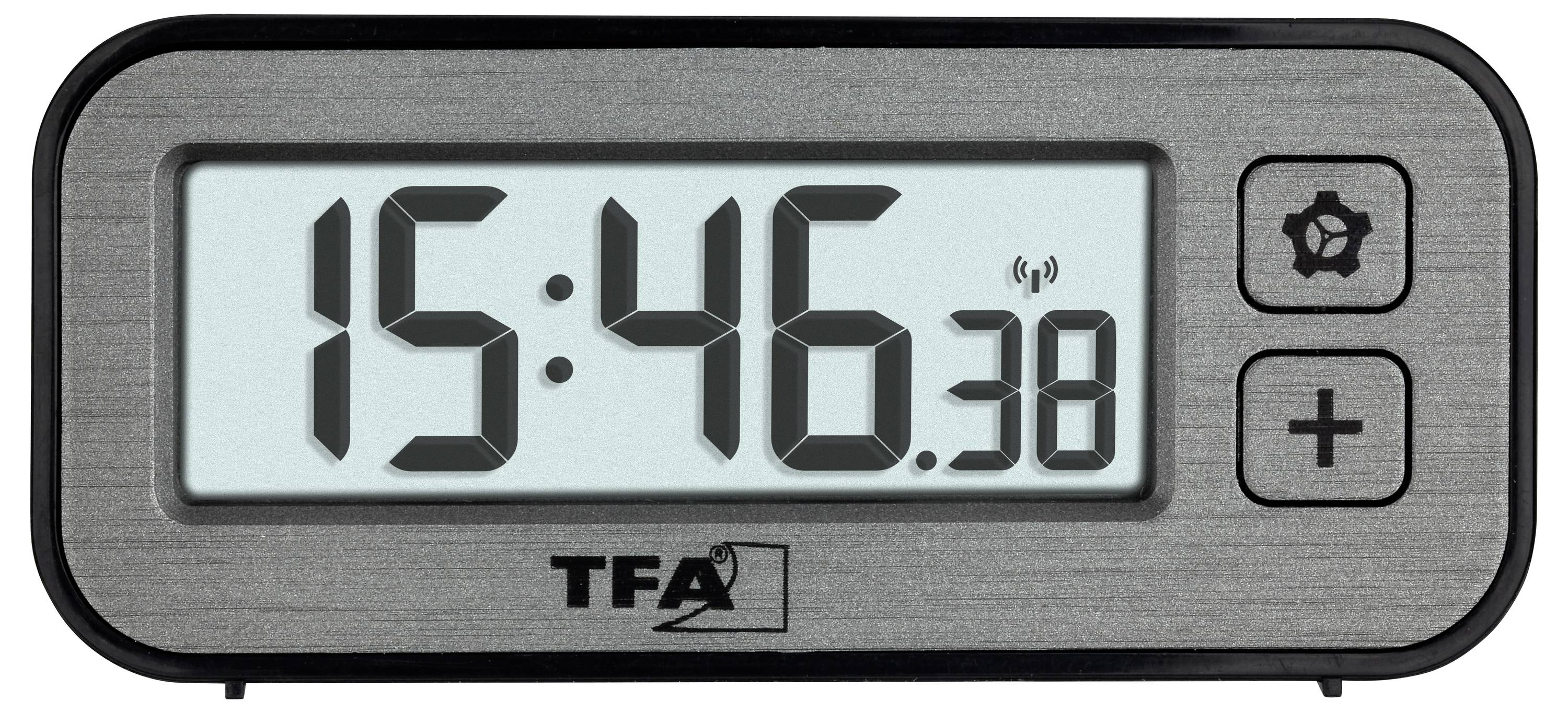 Digitale klok toont '15:46' met secondenaanduiding. Knoppen voor instellingen en Plus-symbool bevinden zich rechts.