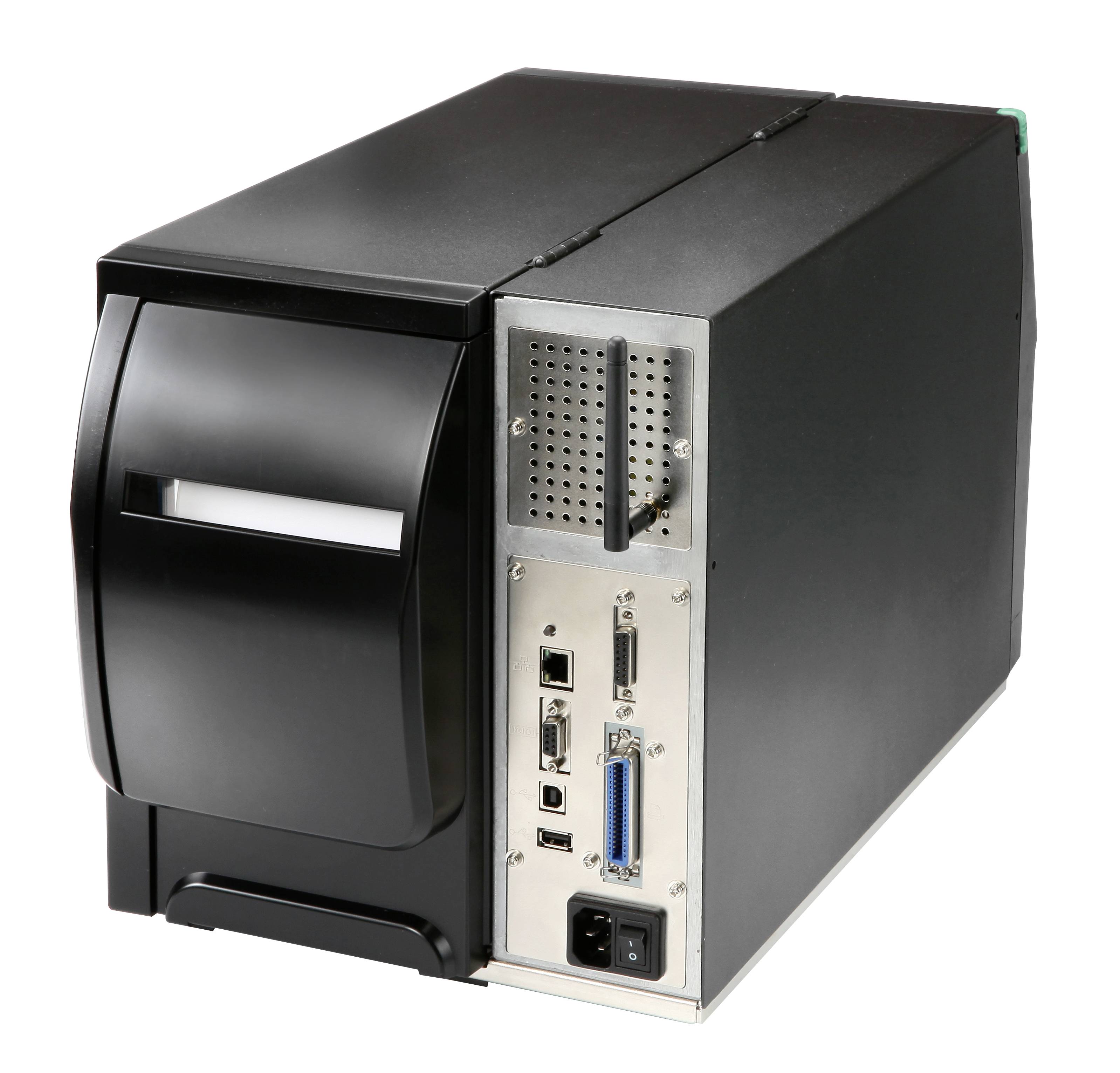 Een zwarte desktop-computer met meerdere aansluitingen en ventilatie aan de achterkant, geschikt voor technische toepassingen.