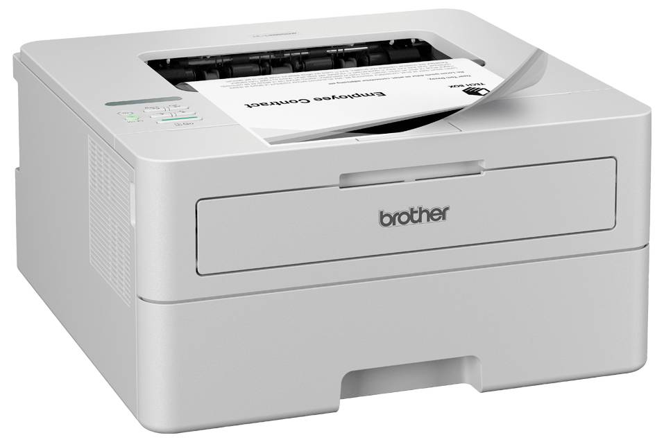 'Druk rapporten en statistieken efficiënt af met deze compacte, grijze printer' staat op het scherm. Een vel papier wordt afgedrukt.