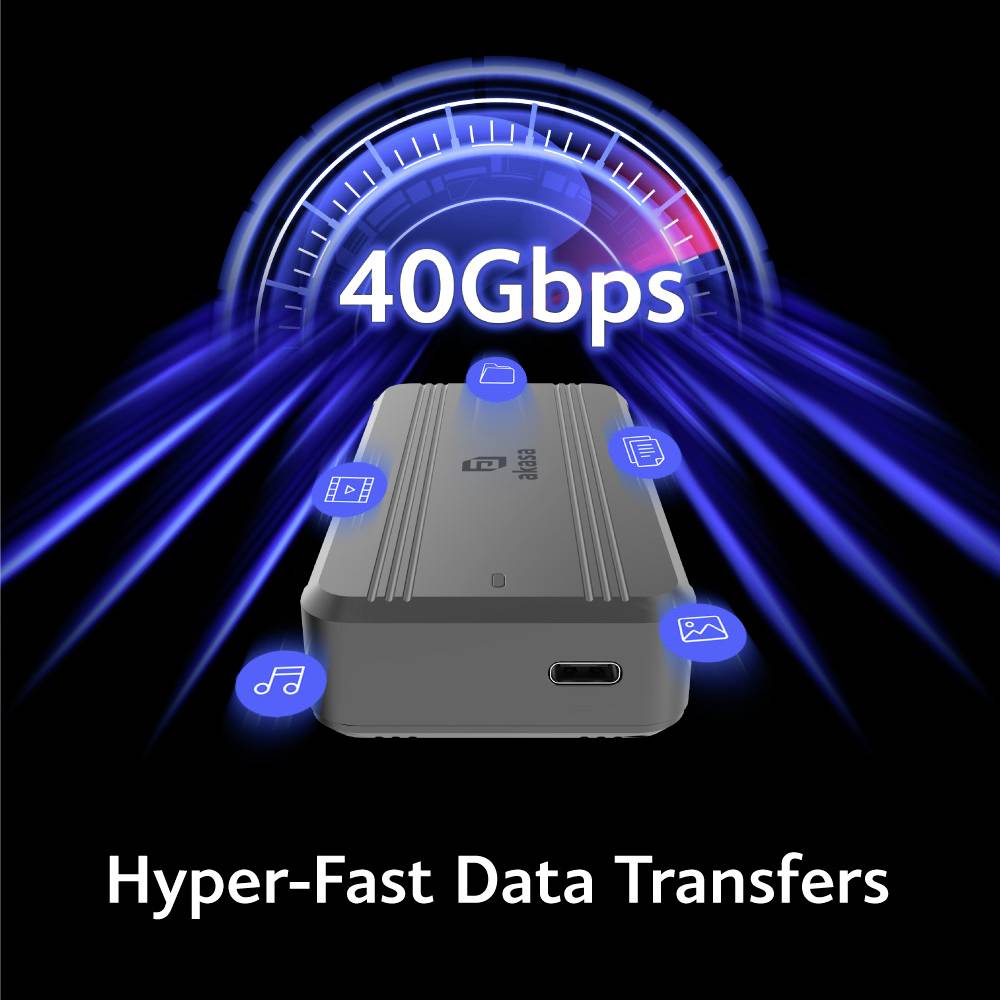 Compacte zwarte gegevensoverdrachtsbox met USB-C-aansluiting en blauwe snelheidssymbolen, '40 Gbps' uitgelicht.